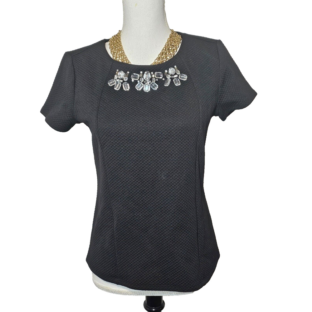 Calvin Klein Top Womens Black Beaded Short Sleeve Stretch Knit Dress Top Shirt S